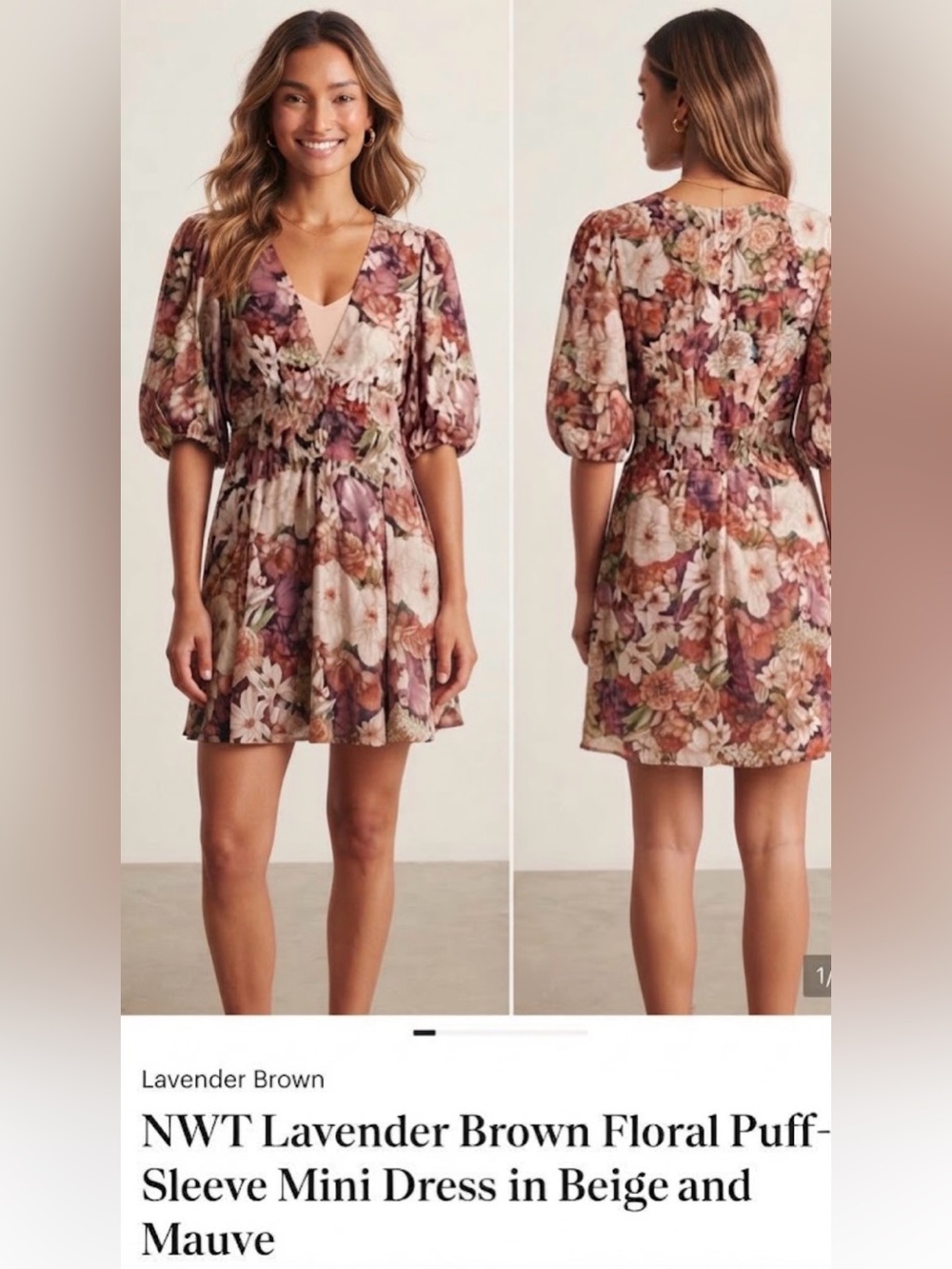 NWT Lavender Brown Floral Puff-Sleeve Mini Dress in Beige and Mauve